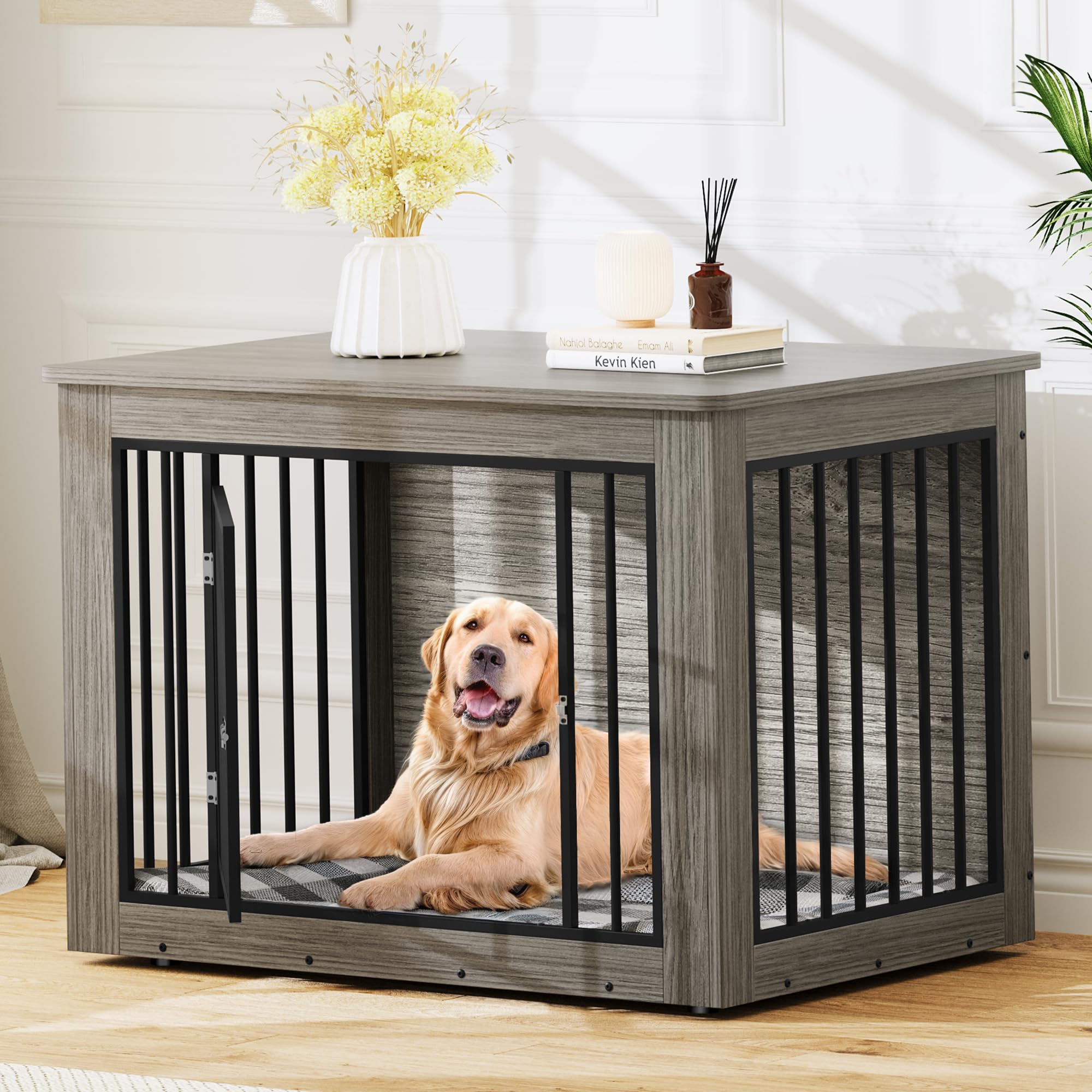 Photo 1 of **** PARTS ONLY *** YITAHOME 43.7" L Dog Crate Furniture for Large Dogs, 2-in-1 Iron-Wood Fusion Dog Cage Indoor up to 80 lb, Modern Dogs Kennel Side End Table with Waterproof Top, Safety Corners, Steel Lock, Greige