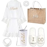 EPLAZA 6 Pcs Bride Robe for Wedding Day Set Bridal Robe with Slippers Tumbler Tote Lace Trim Wedding Robes for Bachelor Party