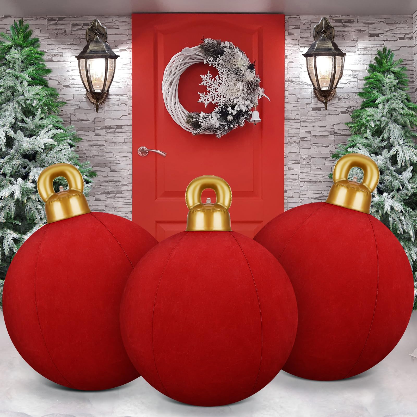 Photo 1 of Jetec 3 Pcs 32 Inch Giant Velvet Christmas Inflatable Balls Ornament Flocked Xmas PVC Inflatable Flocked Ball Ornaments for Christmas Holiday Outdoor Blow up Yard Decor(Red)