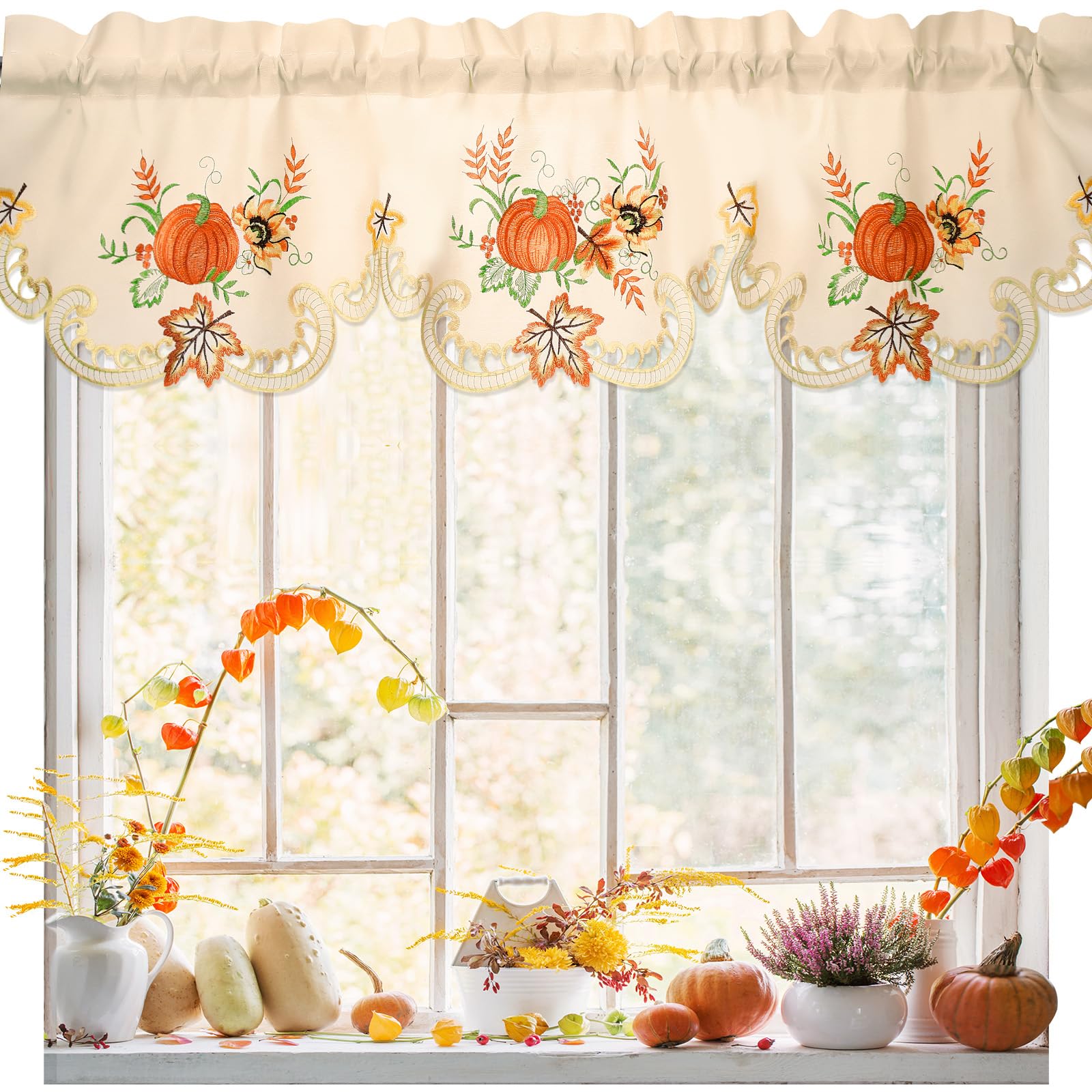 Photo 1 of Windkream Fall Kitchen Thanksgiving Curtains Valances 58 x 15 Inch Autumn Window Treatment Valance Embroidered Pumpkins Maple for Living Room Bedroom Bathroom Decor