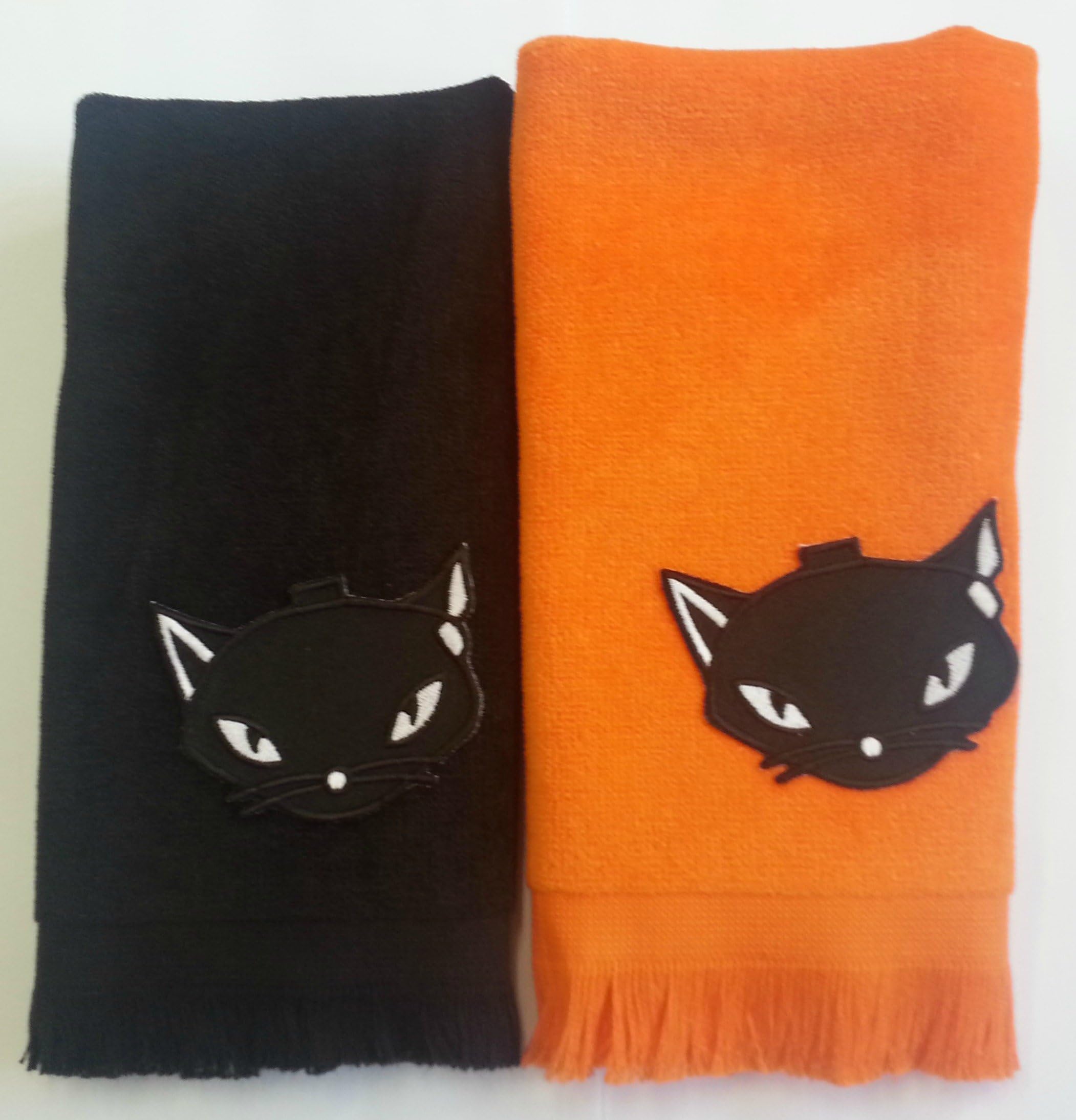 lot of 2 Black Cat fingertip Towels halloween decor orange applique