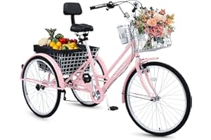 BGGFNZ 24/26 Inch Tricycle for Adults, 7 Speed Beach Cruiser Bike Adult Tricycles for Women Men, 3 Wheel Bikes for Adults Large Seat with Backrest, Three Wheel Bikes with Front & Rear Baskets