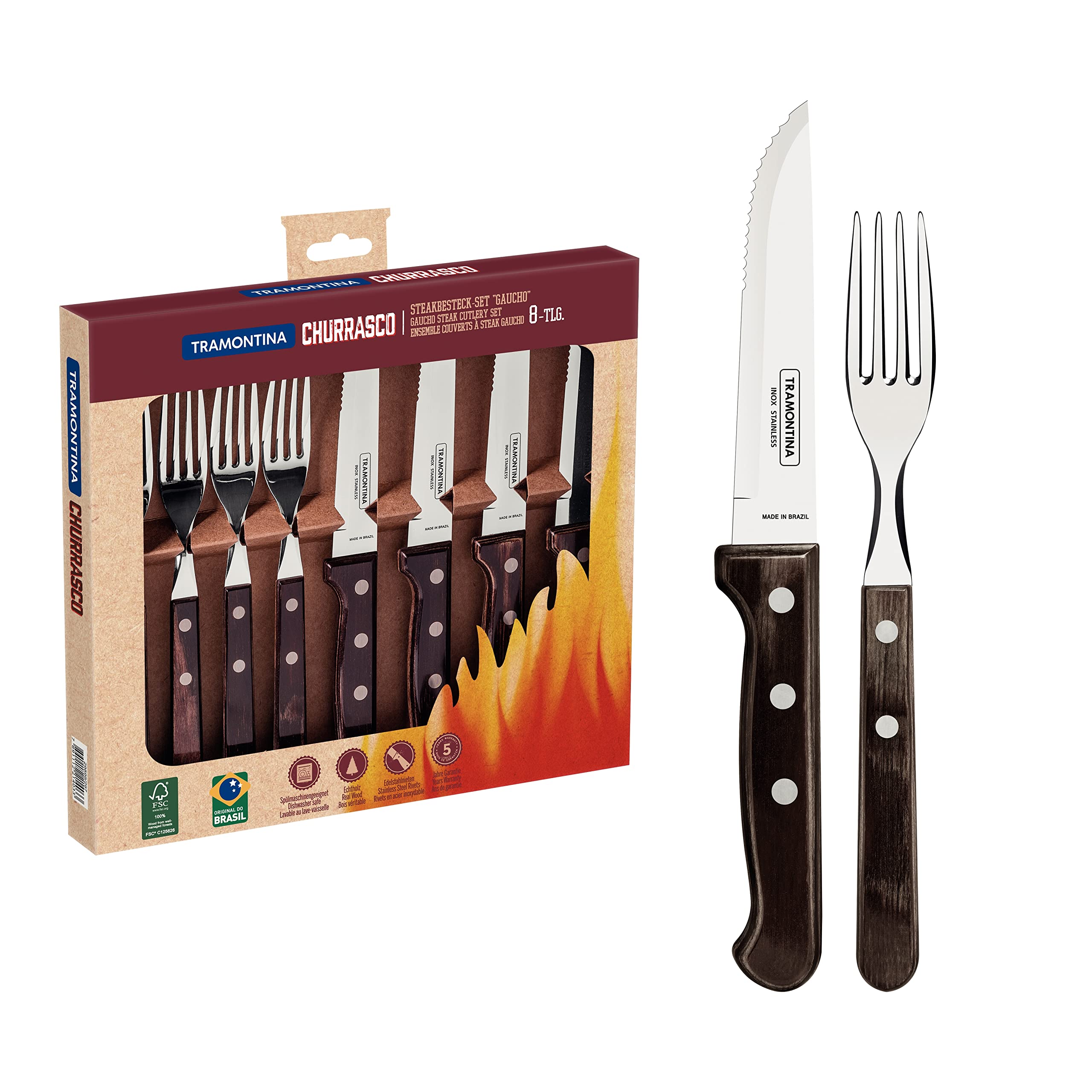 Tramontina Cutlery Set with Gaucho Steak Knives, 8 Piece Sharp Knife and Fork Set with Wooden Handles, ‎Camping, Kitchen, Rustic, Dishwasher Safe, 29899297