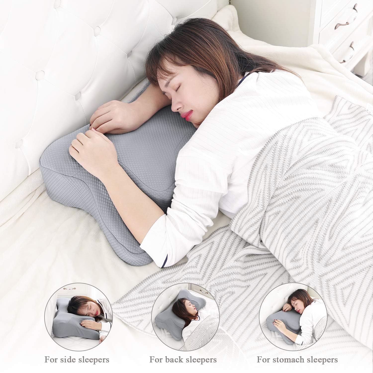 MARNUR Cervical Pillow Memory Foam Orthopedic Pillow for Neck Pain Relief Ergonomic Pillow for Back Sleepers Side Sleepers and Stomach Sleepers (20.3×13×4.5 inch/Grey Pillow case Included): Home & Kitchen
