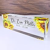 Artblox Office Desk Name Plate Personalized | Custom Name Plates for Desks | Sunflowers Design On Clear Acrylic Glass | Office Desk Decor - (8" x 2.5")