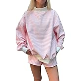 DURUNUL Women Oversized Mockneck Sweatshirt Striped Mock Neck Long Sleeve Pullover Sweatshirts Fall Winter Lounge Tops