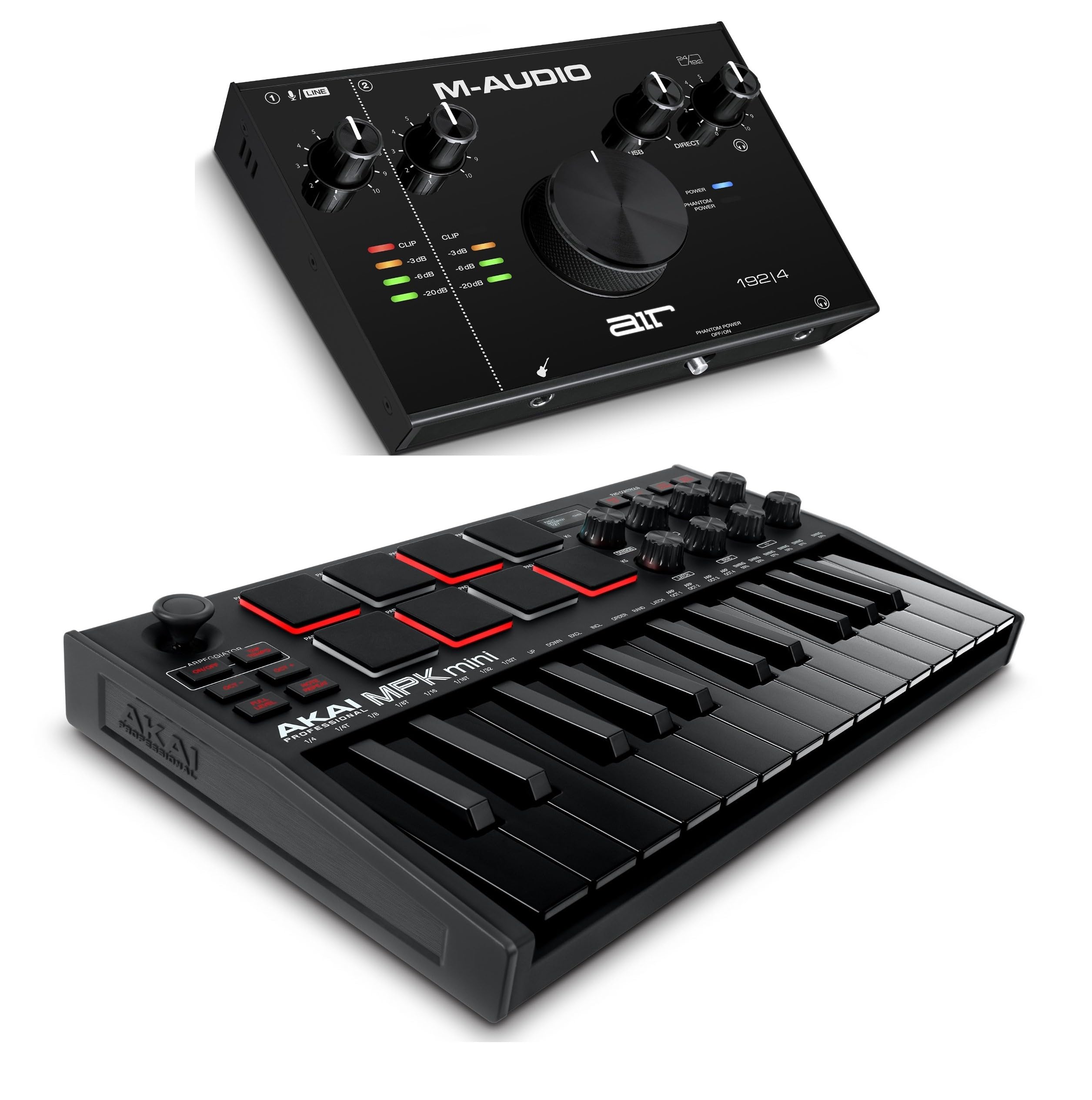 Recording Studio Package - Akai Professional MPK Mini MK3 USB MIDI Keyboard Controller and M-Audio AIR 192I4 Audio Interface, with Production Software, black Image