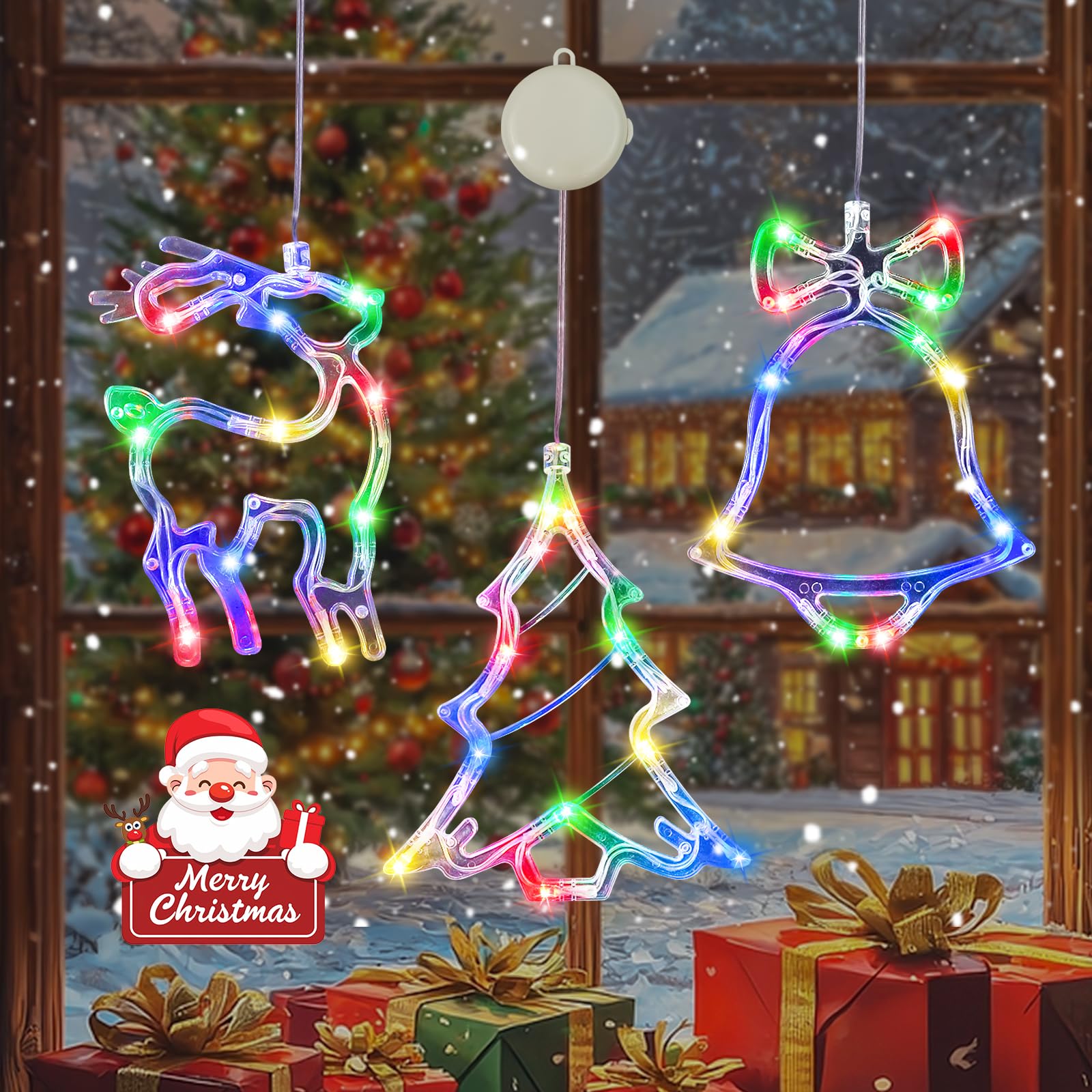 Photo 1 of 3 Pack Christmas Window Lights, Multicolor X-Mas Tree, Reindeer, Bell Lights, Battery Operated Christmas Window Decorations Light up with Suction Cup and Timer Function for Window Glass Wall Decor