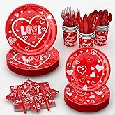 Heyigrow 168 Pcs Valentine's Day Disposable Tableware Set, Party Supplies Plates and Cups and Napkins Cutlery Set Serve 24 Guests (Red)