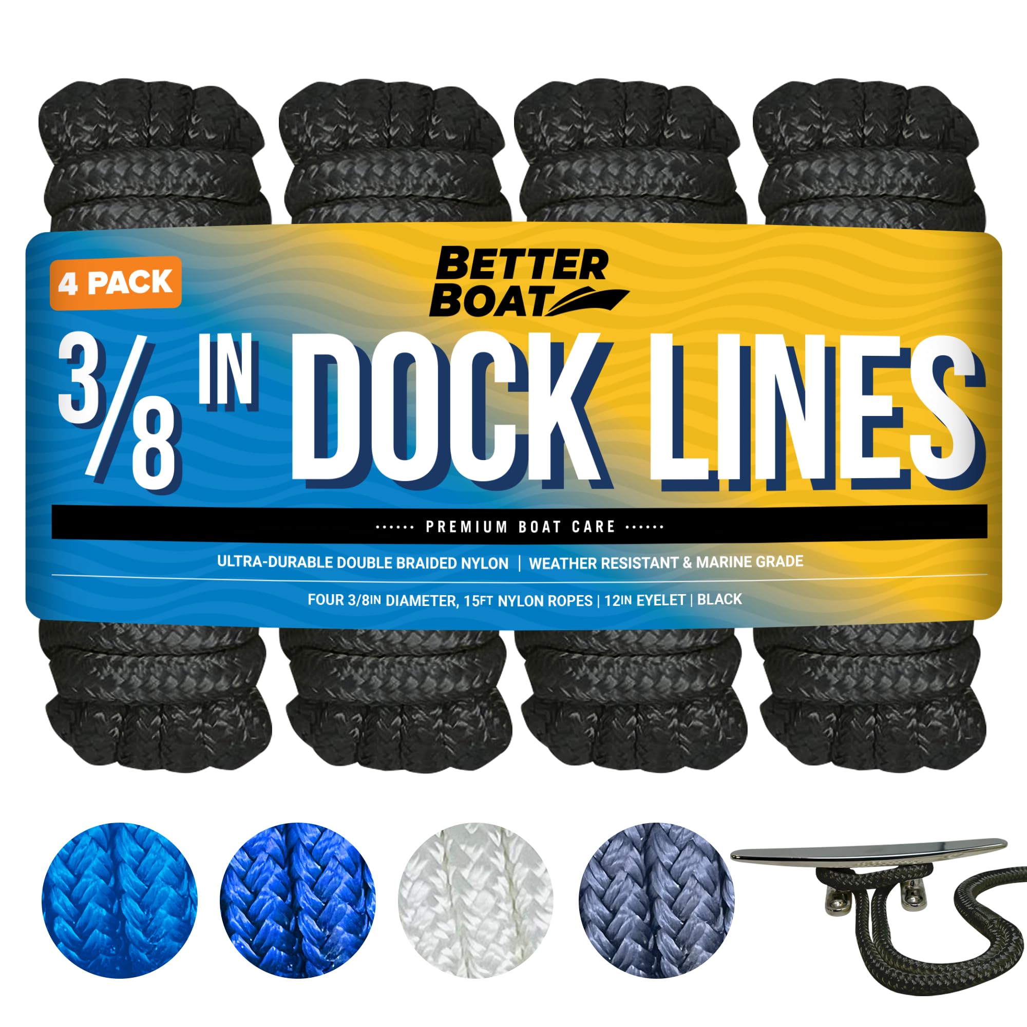 Dock Lines for Boats 3/8" x 15ft, 4 Pack Double Braided Nylon Boat Rope with 12" Loop, Marine Grade Mooring Line for Docking, Black - Better Boat
