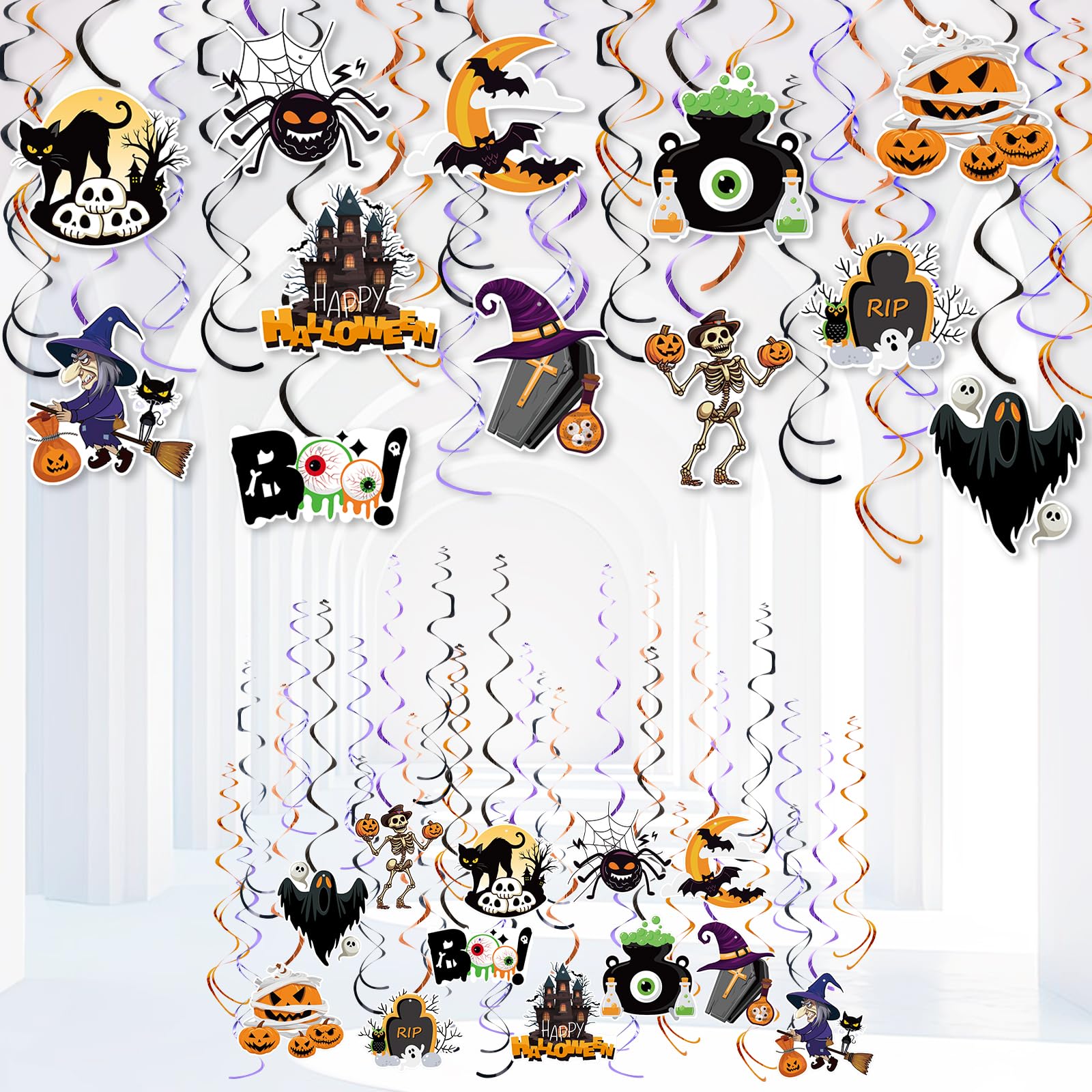 Photo 1 of 36PCS Halloween Pre-Strung Hanging Swirl Decor Ceiling Hanging Swirls poison Ghost Pumpkin Spider Witch Bat Themed Ceiling Streamer for Office Home School Indoor Outdoor Halloween Party Decor Supplies