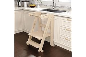 JPMKPD Kids Kitchen Step Stool, Folding Toddler Tower, Height Adjustable Toddler Tower with Safty Rail and Anti-Slip Device, Wooden Kitchen Helper for 1.5-6 Years (Wood Original Color)