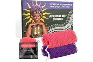 Bathway African Net Sponge Authentic with Handles (Set of 2), African Exfoliating Net Sponge, Exfoliating Body Scrubber Bath Sponge - Bathing Accessories with Storage Bag (Purple & Rose)