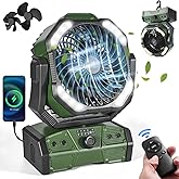 Odoland 40000mAh Camping Fan with LED Light, Battery Operated Oscillating Desk Fan with Remote & Hook, Rechargeable Outdoor Tent Fan with Timer for Hurricane Power Outage Travel Jobsite RV, Green