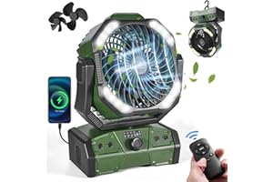 Odoland 40000mAh Camping Fan with LED Light, Battery Operated Oscillating Desk Fan with Remote & Hook, Rechargeable Outdoor Tent Fan with Timer for Hurricane Power Outage Travel Jobsite RV, Green