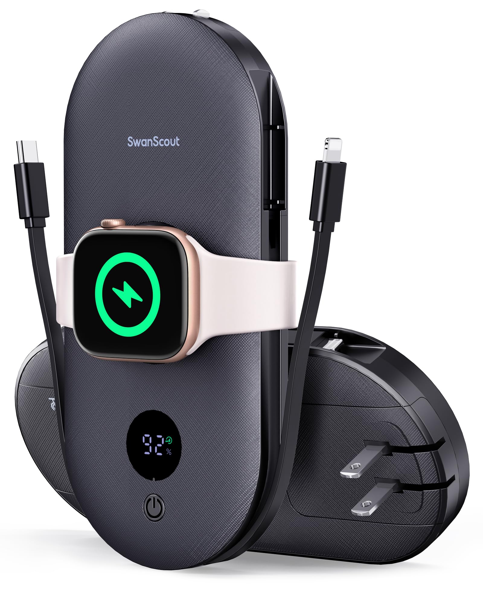 Photo 1 of 10000mAh Power Bank for iPhone, Portable Charger for Apple Watch, for AirPods, iPad, Beats Studio Pro and More Phones, Tablets, Headphones, Built-in AC Wall Plug and Cables