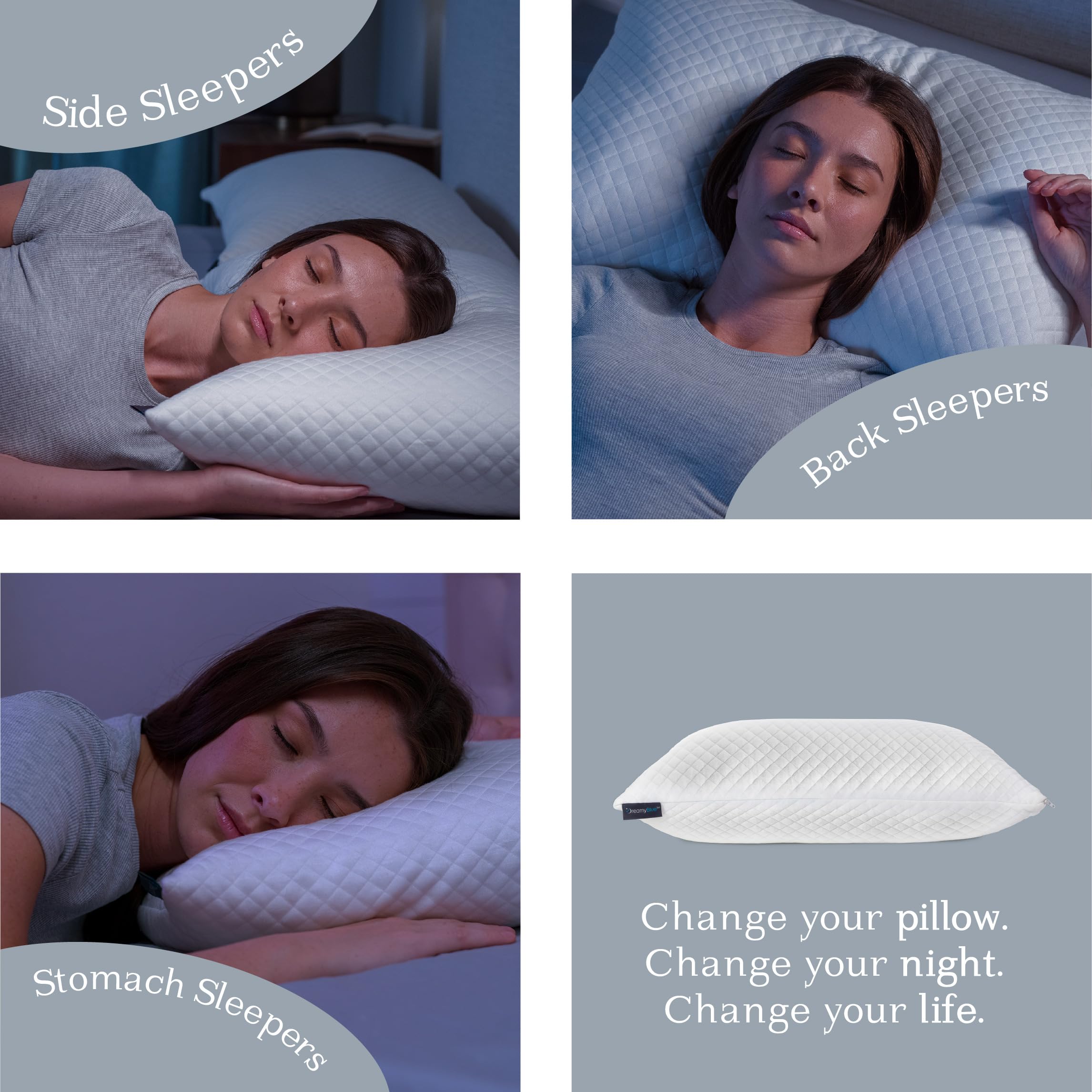 DreamyBlue Signature Pillow w/Adjustable Loft • Shredded Memory Foam Fill • Neutral Alignment for Side, Back, and Stomach Sleepers • Washable Bamboo Rayon Cover • CertiPUR-US Certified Foam (Queen)