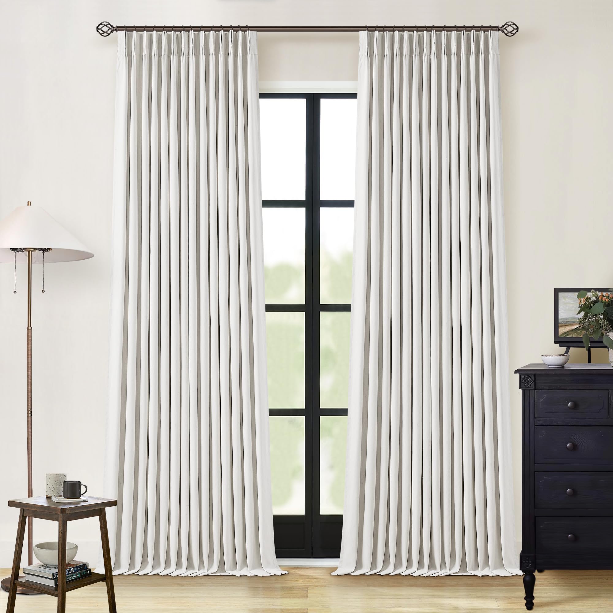 Photo 1 of Beige White Pinch Pleated Full Blackout Curtains 2 Panels Set Linen Room Darkening 100% Black Out Window Curtains 96 Inch for Living Room Bedroom Thermal Insulated Pinch Pleat Drapes with Hooks Rings