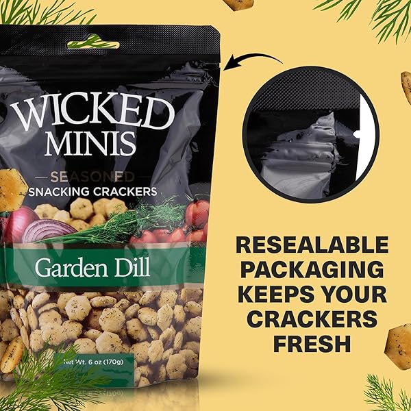 WICKED MINIS SOUP & OYSTER CRACKERS – SALTINE & SALTED FLAVORED MINI PUFFED SOUP, SAVORY SNACKING MIX, SEASONED CROUTONS SALAD TOPPERS, CRACKERS FOR CHILI 6OZ (GARDEN DILL)