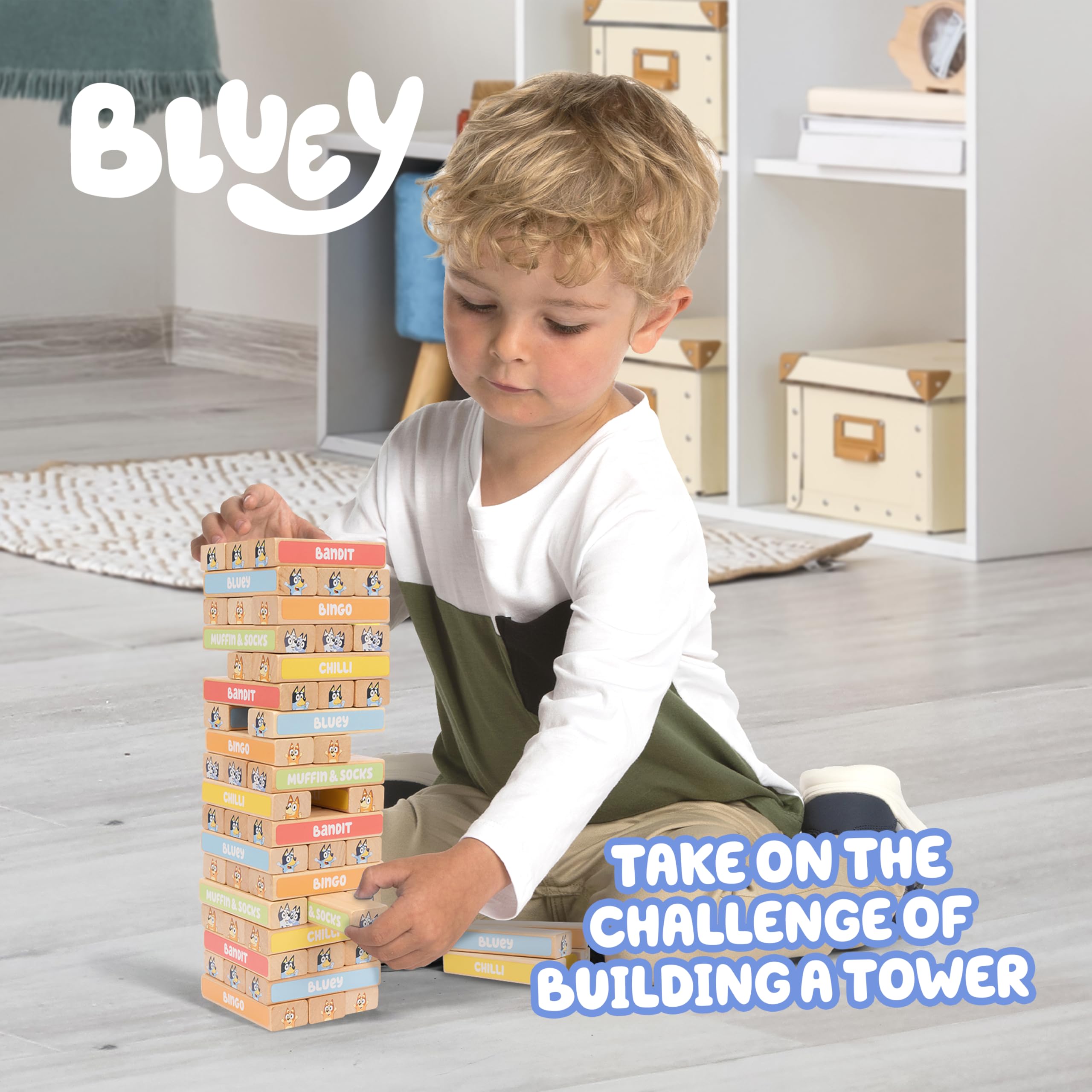 Bluey 8th Wonder Stackable Tumbling Tower Game, Robust Wooden Stacking Game with 54 Illustrated Colored Blocks, Fun Balancing Toy for Kids Ages 3+