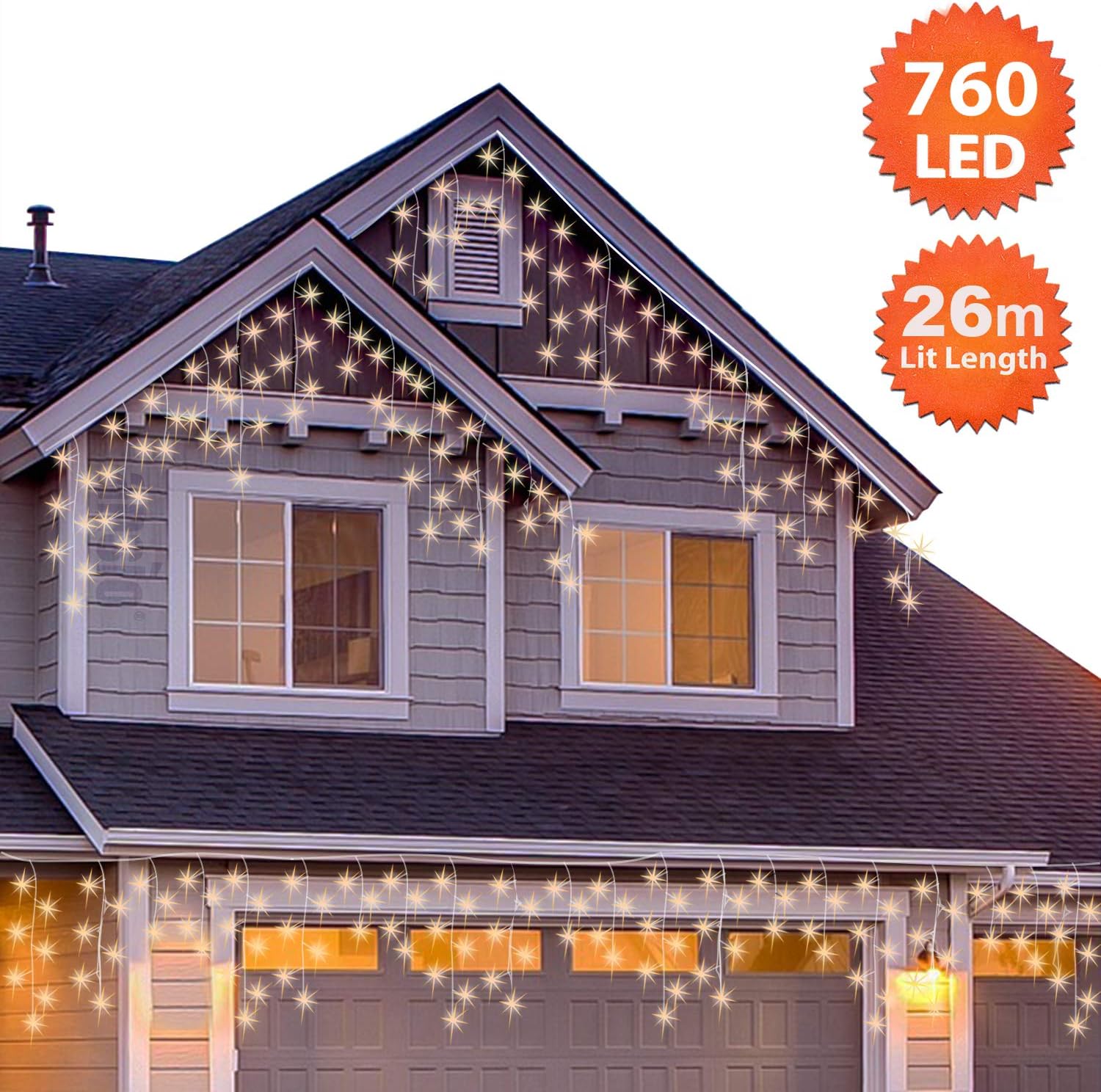 ANSIO® Outdoor Christmas Lights 760 LED 26m/83ft Icicle Lights Outdoor & Indoor Warm White Decorations String Fairy Outside Lights with Timer for Xmas Garden & Party - Image 3