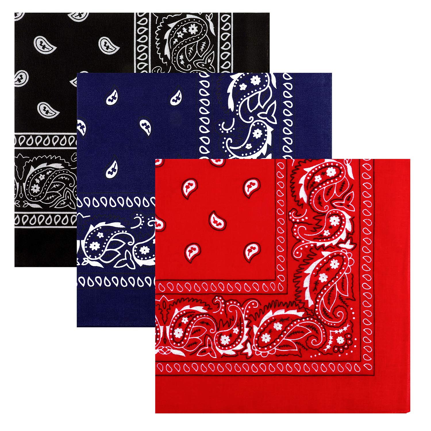 Ruisita 3 Pack Multi-purpose Bandanas Paisley Print Cowboy Headband Scarf Unisex Headwraps (Black, Navy Blue, Red)