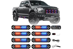 AMEXMART 8Pcs Strobe Lights for Trucks, LED Emergency Warning Flashing Grille Lights Surface Mount Ultra Slim Sync with Control Box for Construction Firefighter Trucks Vehicles Car,Red Blue