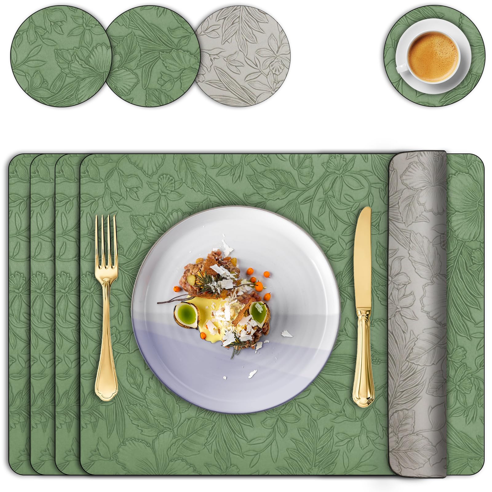 Placemats and Coaster Sets 4, Dual-Sided Leather Floral Place Mats 43x30 cm, Heat Resistant Non-Slip Washable, Waterproof Kitchen Coffee Table Mats for Home Dining Table Restaurant Hotel (Green Grey)