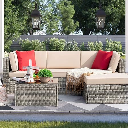 Amazon Com Devoko 5 Pieces Patio Furniture Sets All Weather Outdoor Sectional Sofa Manual Weaving Wicker Rattan Patio Conversation Set With Cushion And Glass Table Grey Garden Outdoor
