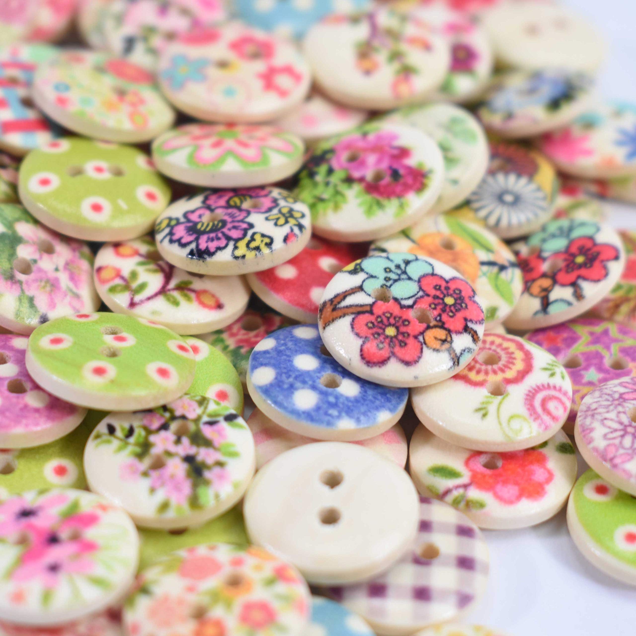 100 X Buttons Assorted 15mm - Colourful Floral Gingham Polka Dot Buttons - Perfect for Sewing and Crafts - by TRIXES