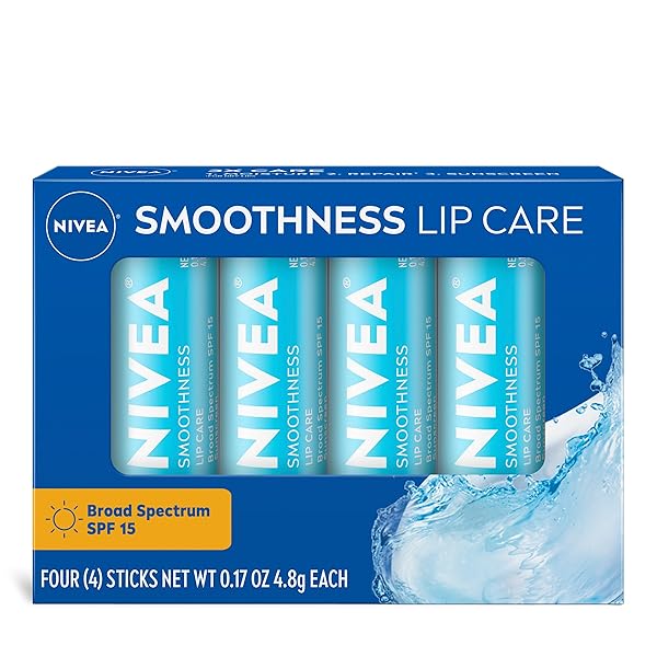 NIVEA SMOOTHNESS LIP CARE, SUNSCREEN LIP BALM WITH SPF 15 BROAD SPECTRUM, SHEA BUTTER, NOURISHING OILS AND VITAMIN C & E, 3-IN-1 MOISTURE, REPAIR AND SUNSCREEN, 0.17 OZ STICK, PACK OF 4