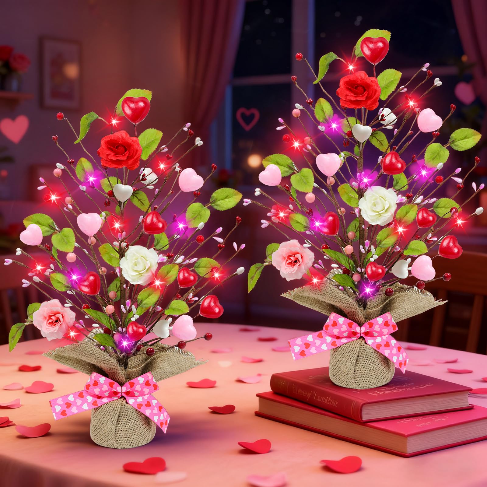 Photo 1 of 2 Pack & Timer - Valentines Day Decorations, 18 Inch Lighted Valentines Day Tree Tabletop with 20 Red Pink Lights Battery Operated Hearts Rose Berries Artificial Tree Valentines Decor Home Table Party