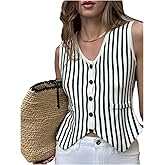 WDIRARA Women's Striped Button Down Sweater Vest V Neck Sleeveless Knitted Tank Tops