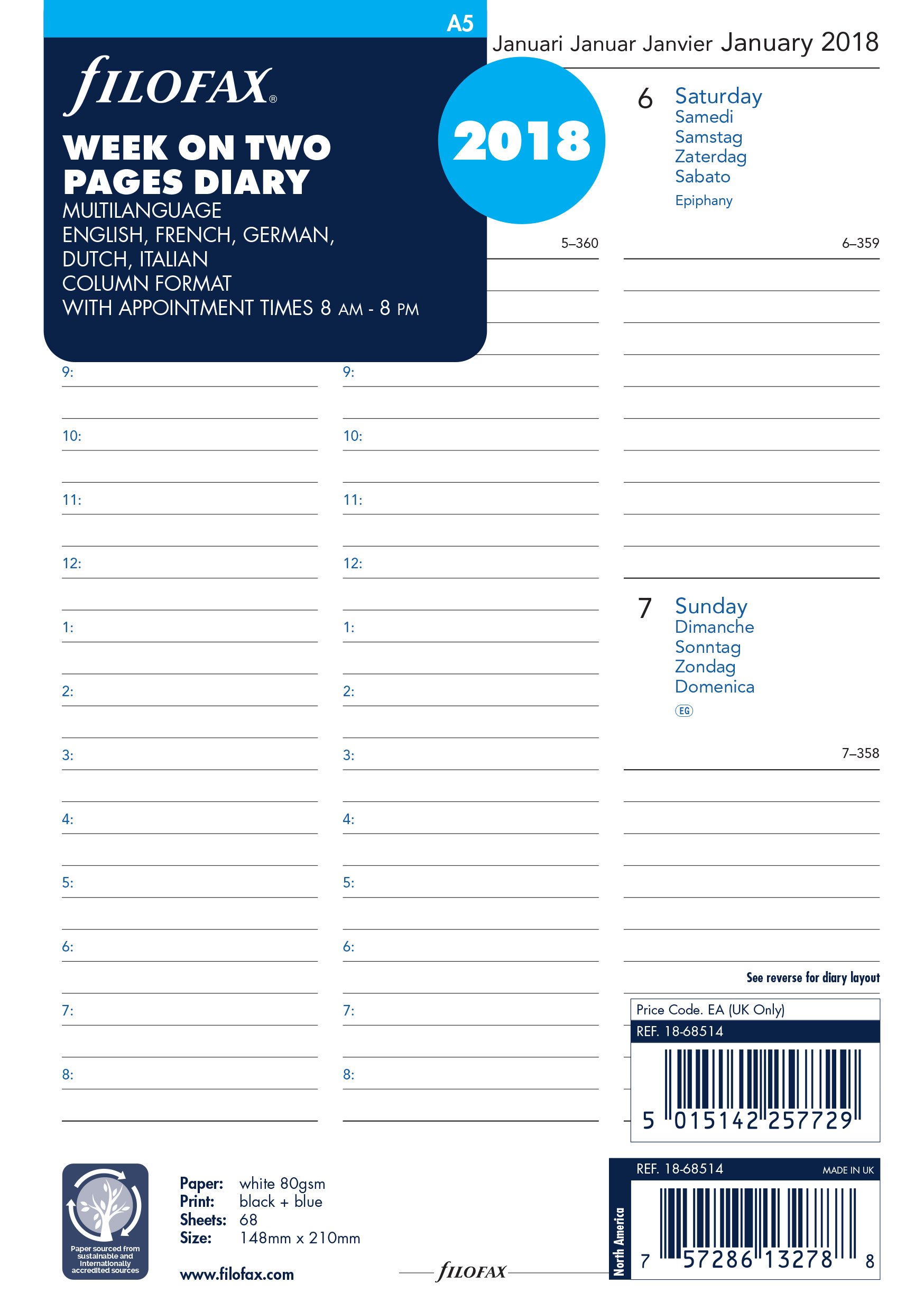 Filofax A5 Week On Two Pages 5 Language 2018 Appointment Diary