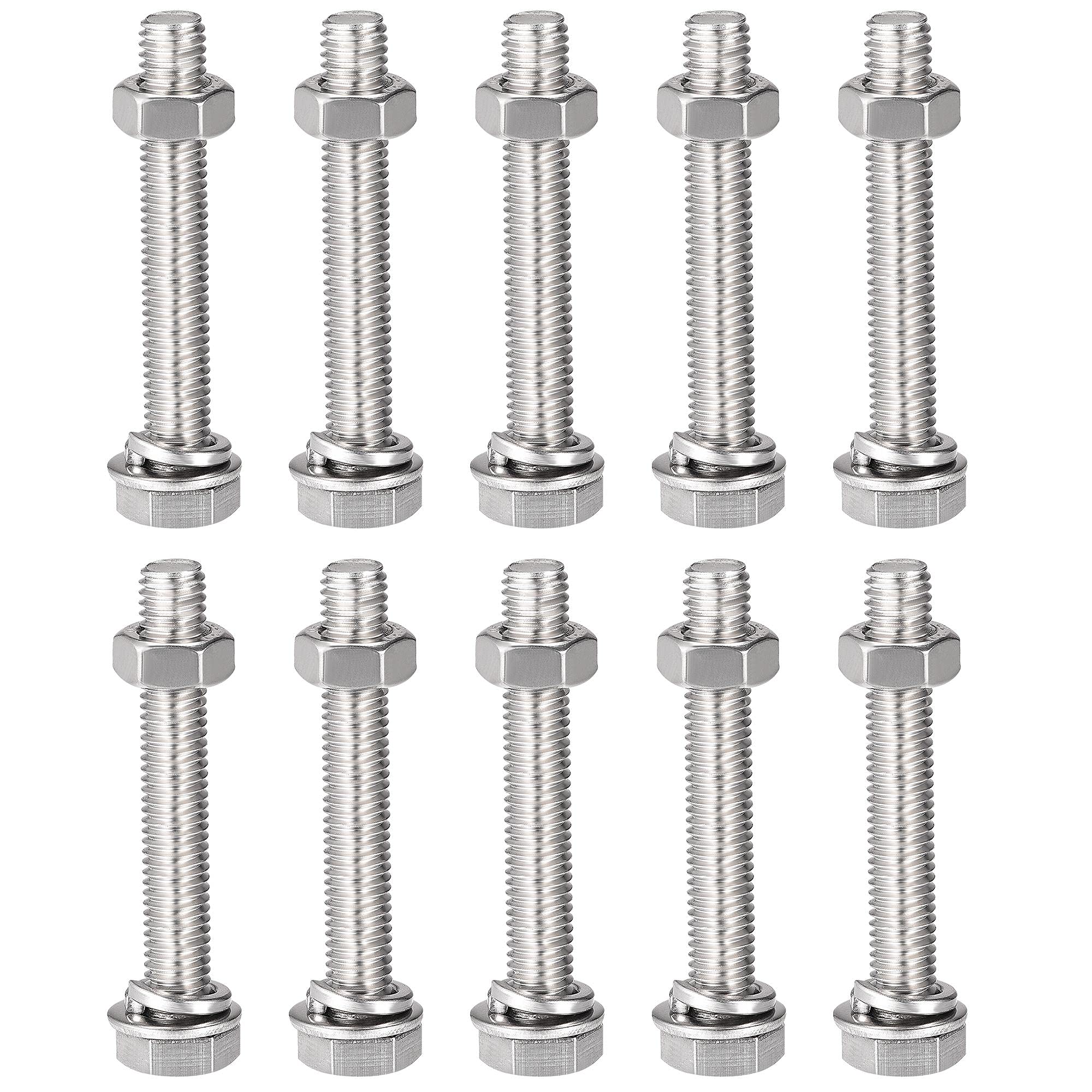sourcing map M8 x 50mm Hex Head Screws Bolts, Nuts, Flat & Lock Washers Kits, 304 Stainless Steel Fully Thread Hexagon Bolts 10 Sets