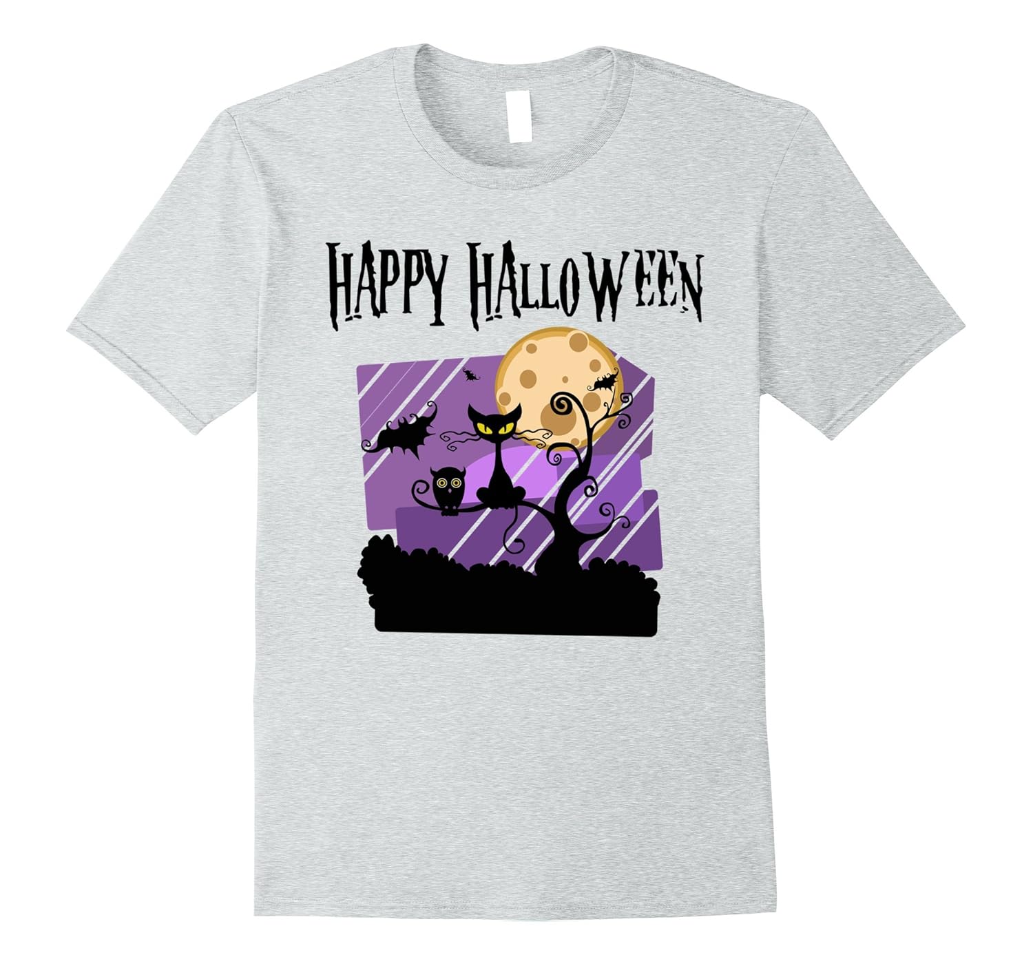 Halloween T-shirt with Cat Owl Bat Tree & Full Moon Graphic-Rose