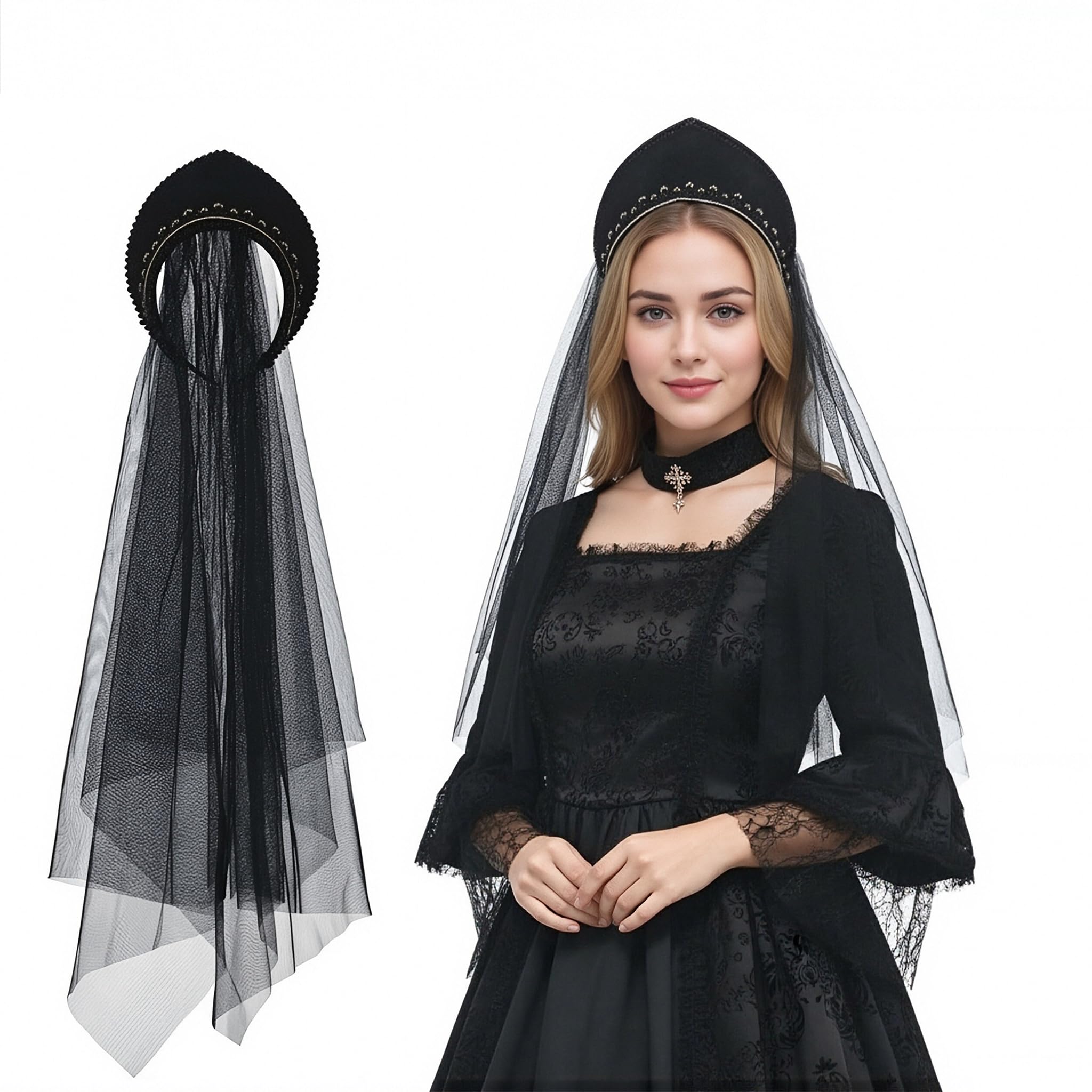 FAD-4U Anne Boleyn Hat Tudor Gable Hood Cap Elizabethan Headwear Renaissance Costume Headdress for Women Cosplay Party (Black-60, One Size)
