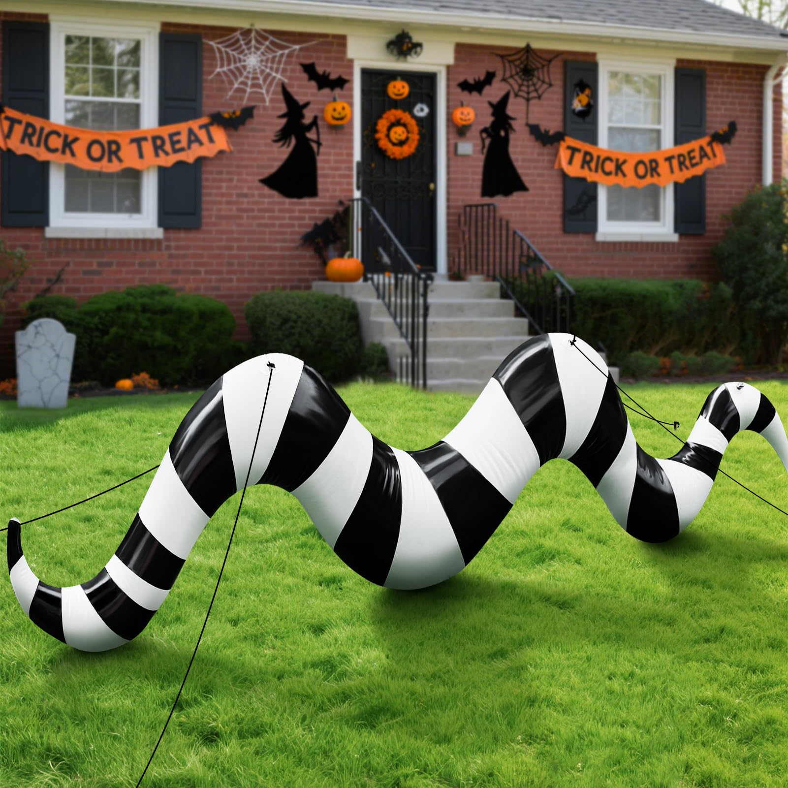 Photo 1 of 8ft Halloween Inflatables Sandworm Outdoor Decorations Black and White Striped Yards Inflatable Sandworm with Stakes,Scary Creepy Halloween Decor for Lawn Yard Patio Pathway Home