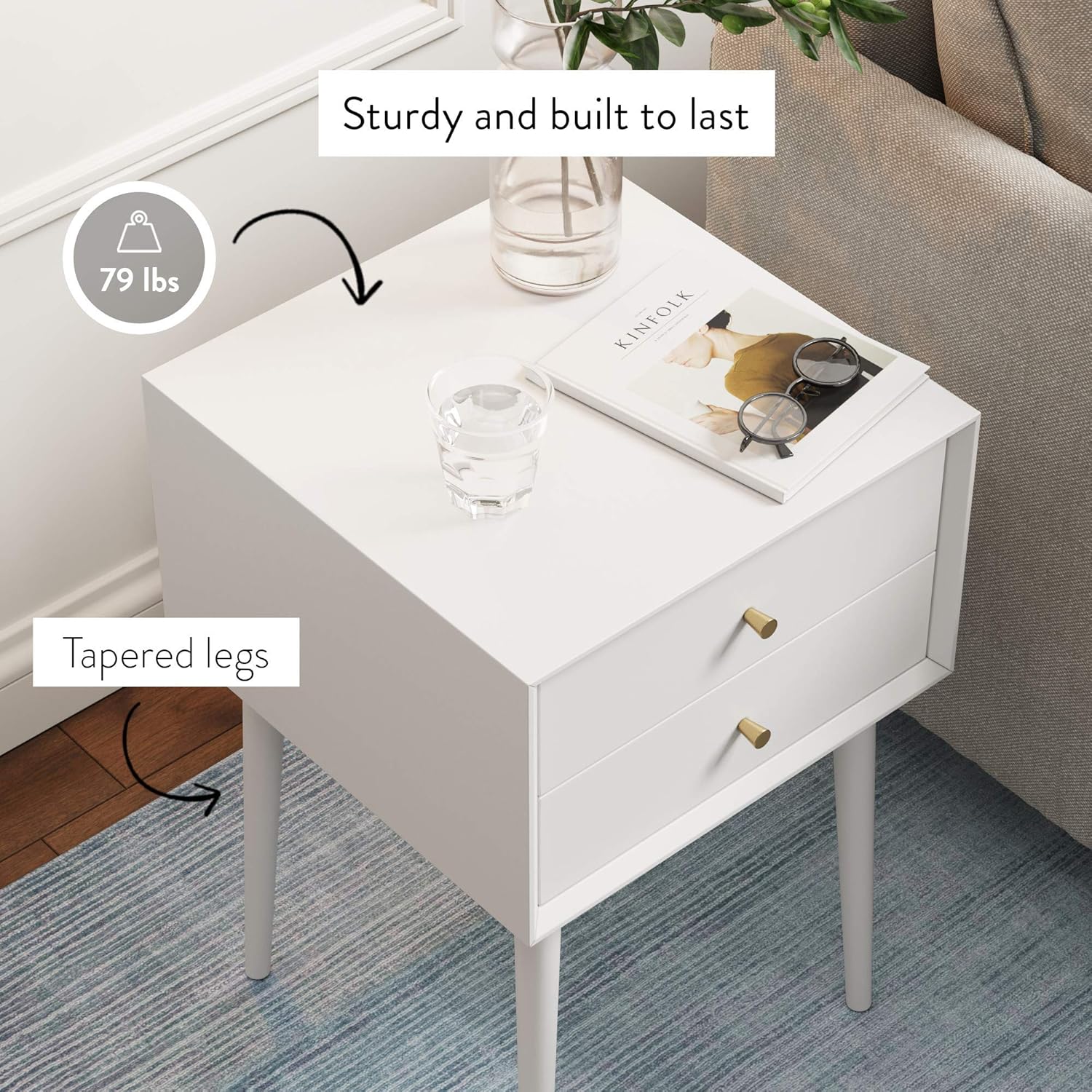 Nathan James Harper Mid-Century Modern Side Table, 2-Drawer Wood Nightstand, White: Kitchen & Dining