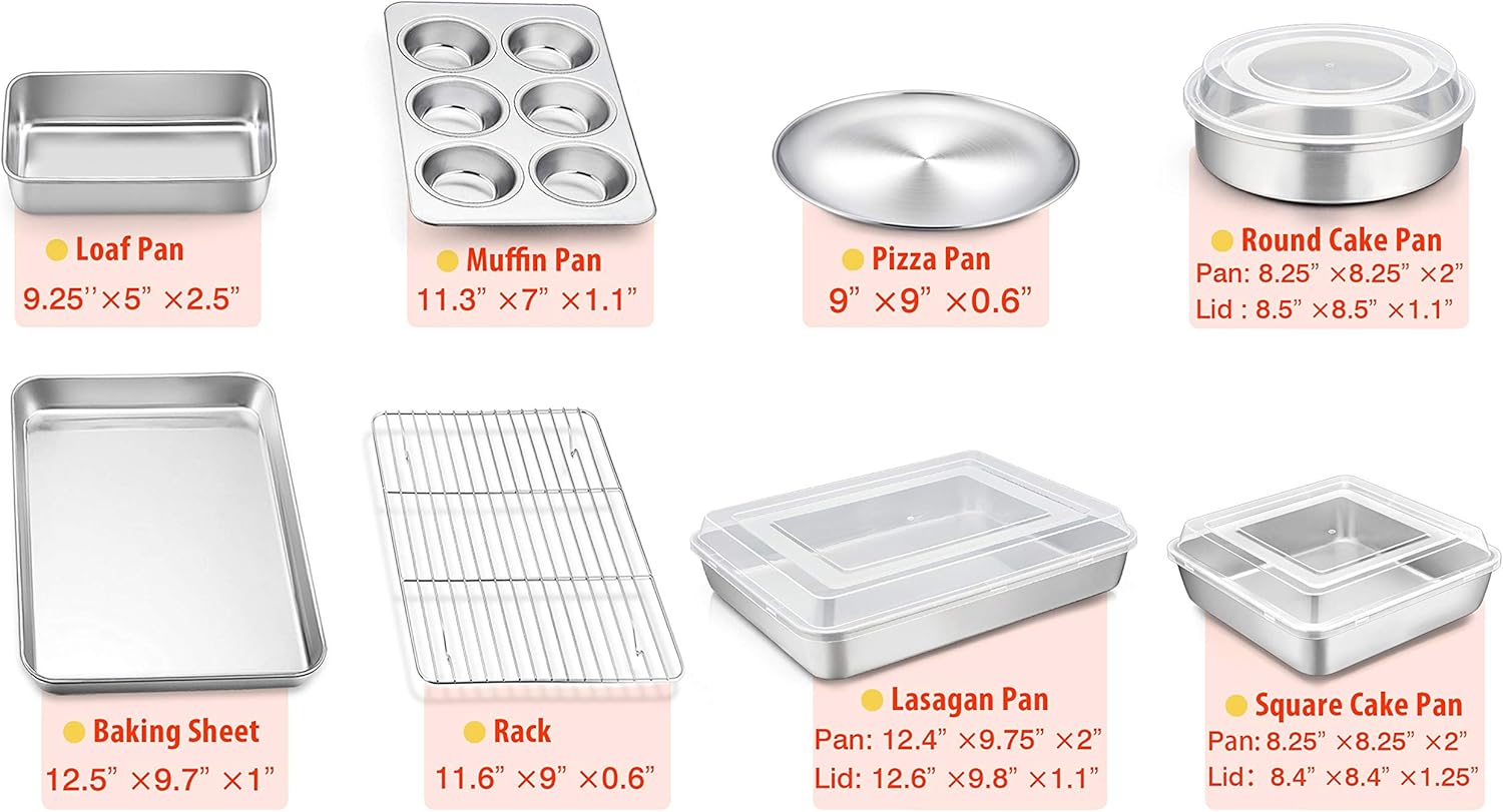 TeamFar Bakeware, Stainless Steel Bakeware Set with Baking Sheet and Rack, Lasagna Pan with Lid, Square & Round Cake Pan with Lid, Muffin Pan & Loaf Pan, Pizza Pan, Healthy & Dishwasher Safe: Kitchen & Dining