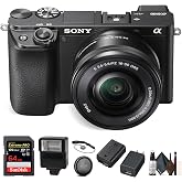 Sony Alpha A6100 Mirrorless Camera with 16-50mm Lens (ILCE6100L/B) Bundle | For Photography &amp; Video | Digital Camera + 64GB Memory Card + Flash + Cleaning Kit