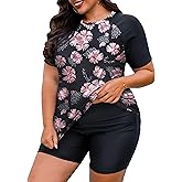 Tralilbee Plus Size Swimsuit for Women Two Piece Short Sleeve Swim Tops Bathing Suits with Shorts L-4X