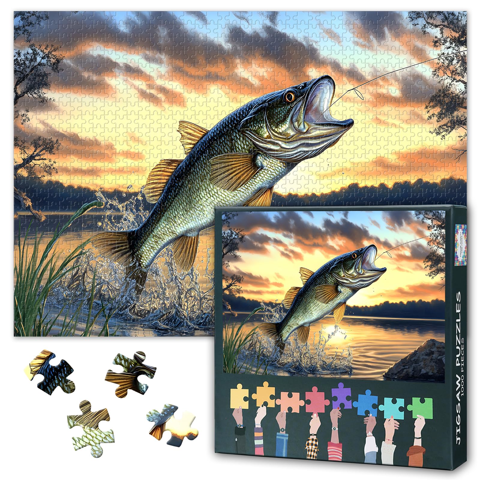 Pike Fishing Jigsaw Puzzles, Fisherman Catch Big Fish Puzzle for Adults 1000 Pieces, Impossible Hard Difficult Challenging Puzzles for Adults, Fishing Puzzle for Adult 20X27 INCH