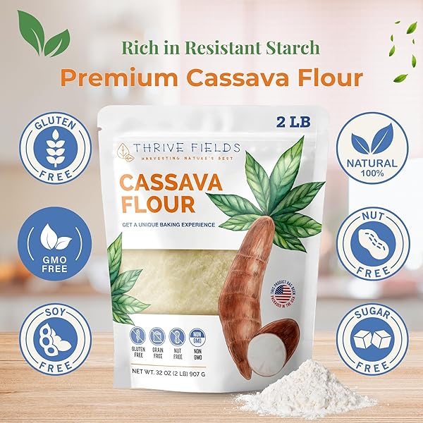 THRIVE FIELDS CASSAVA FLOUR – ALL-PURPOSE YUCA ROOT FLOUR FOR BAKING – GRAIN AND NUT FREE, NON GMO – GREAT FOR TORTILLAS, PANCAKES, PASTA, COOKING & MORE – 2 LB BAG