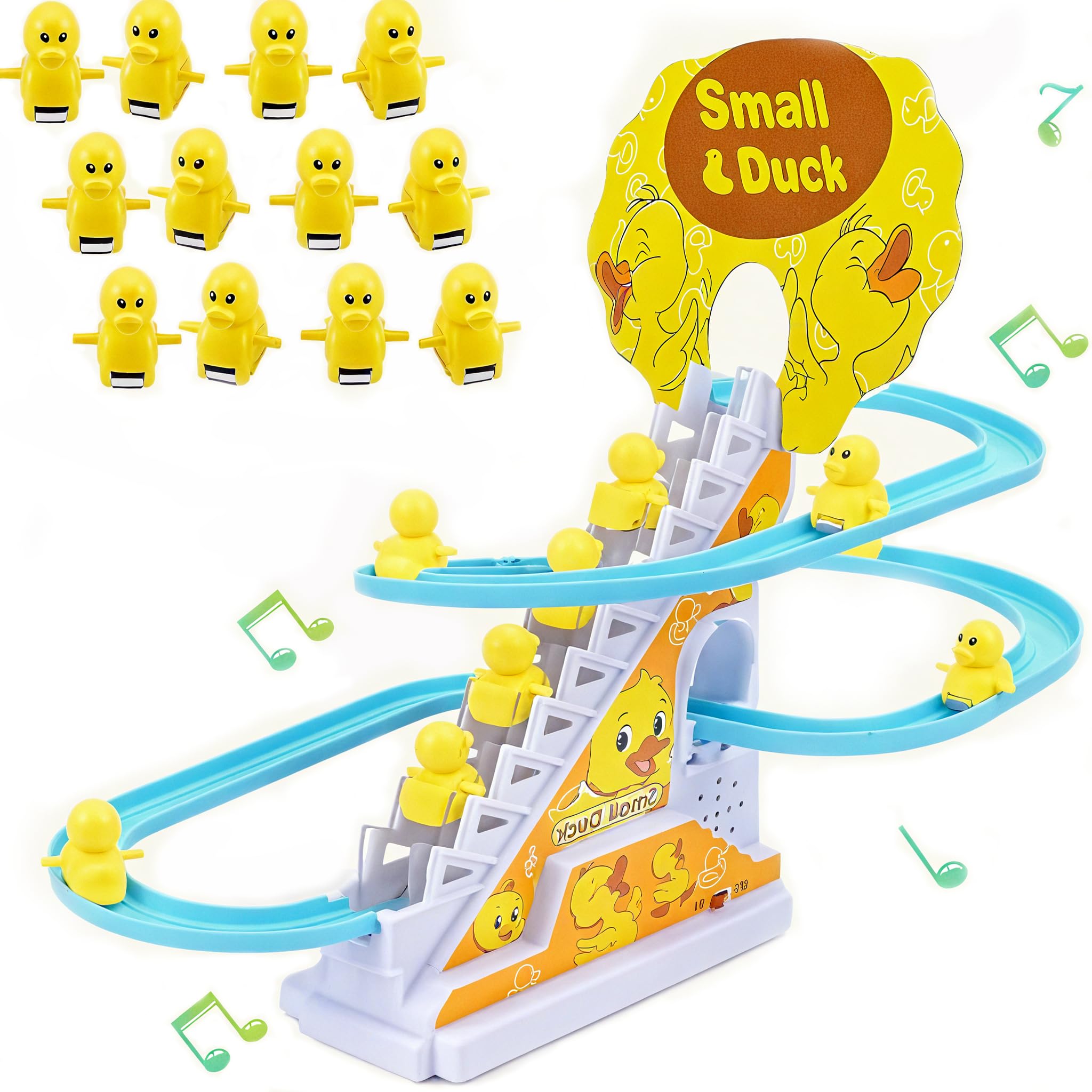 AegisKnetic 12 Small Ducks Climbing Toys,Electric Duck Roller Coaster Toy with Ducks, LED Flashing Lights & Music Duck Track Slide Toy Race Track Set for Kids