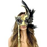 STORM BUY Masquerade Feather Mask with Holding Stick Venetian Women Mask For Halloween Costume Mardi Gras Party For Adult
