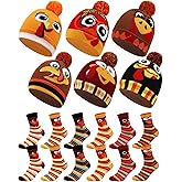 Croloose 12 Pcs Thanksgiving Turkey Beanie Hats Socks Funny Pom Pom Knitted Mid Calf Socks Caps for Women Men