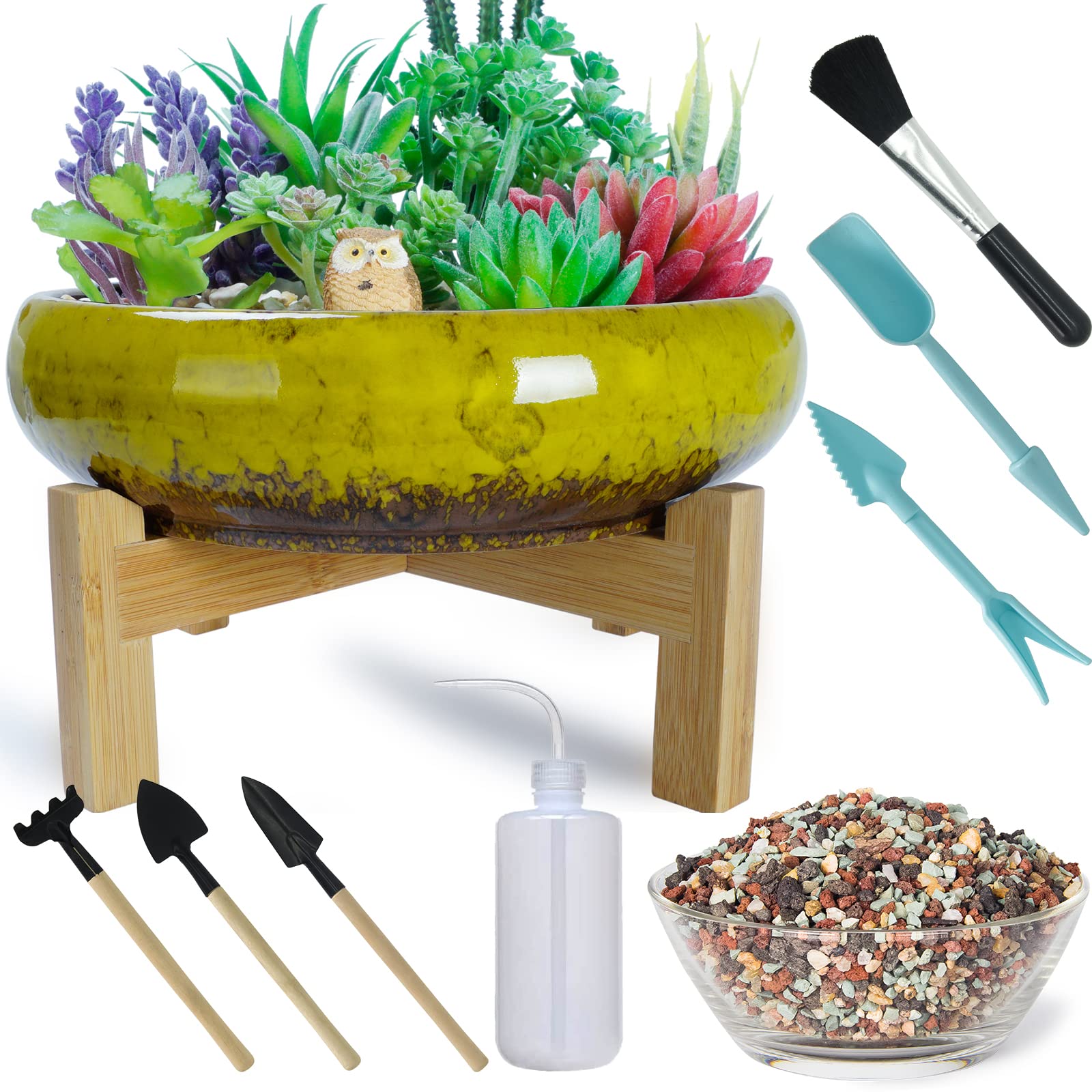 ARTKETTY Succulent Plants Pots, Ceramic Cactus Plants Pots for Indoor/Outdoor Flower Plants, 25cm Large Shallow Bonsai Pot with Drainage Stand Plus Succulent Planting Tools Set & 2.2lb Mix Pebbles