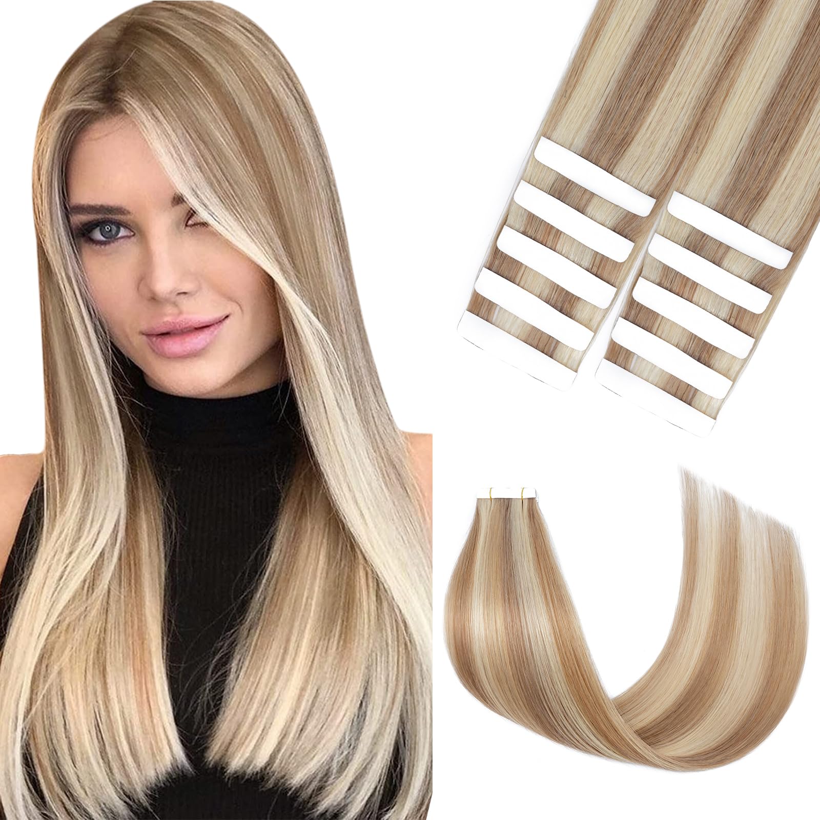 Silk-co Real Remy Tape in Straight Human Hair Extensions 10pcs 12inch #12P613 Golden Brown&Bleach Blonde Balayage Seamless Tape on Hair Extension Straight Human Hair