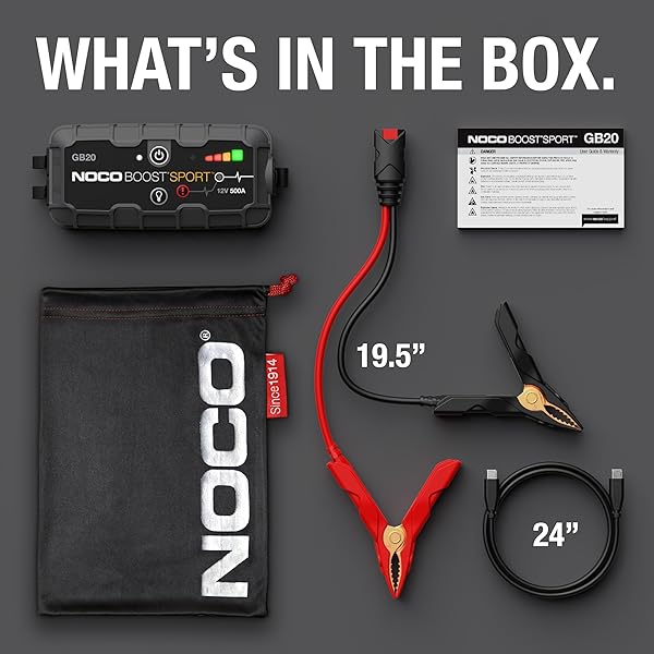 NOCO BOOST GB20: 500A ULTRASAFE JUMP STARTER – 12V LITHIUM BATTERY BOOSTER PACK, PORTABLE JUMP BOX, POWER BANK & JUMPER CABLES – FOR 4.0L GAS ENGINES